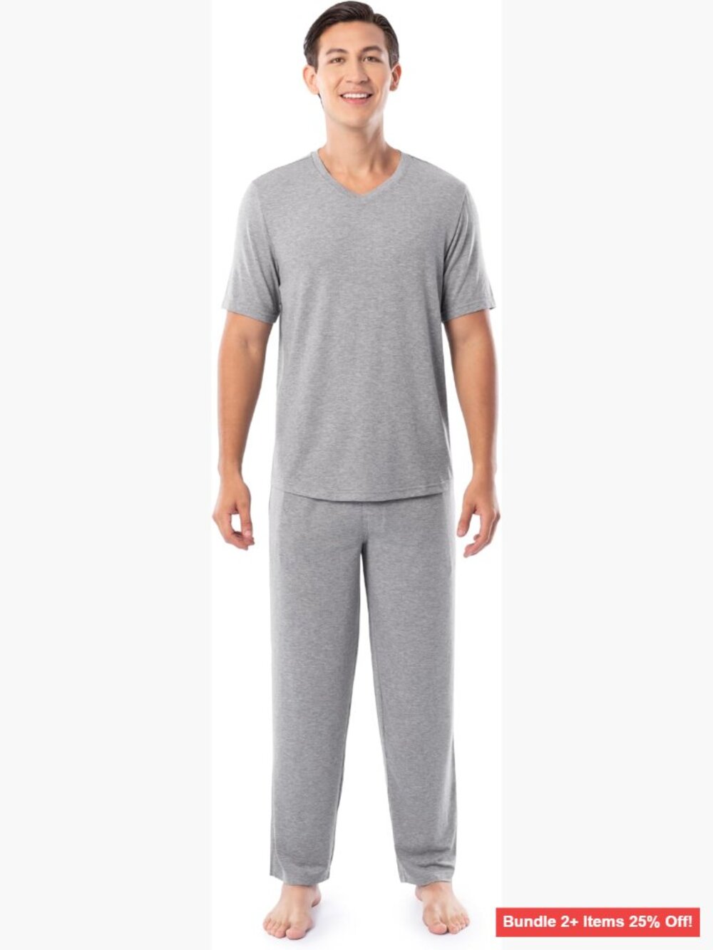 Men's Large Relaxed Fit Pajama Set with V-Neck Top and Pants
